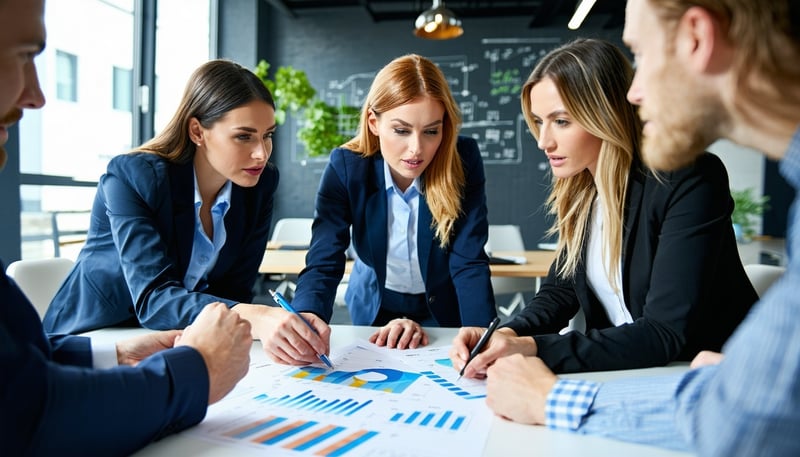Business consulting team collaborating on financial strategies Business consulting team collaborating on financial strategies